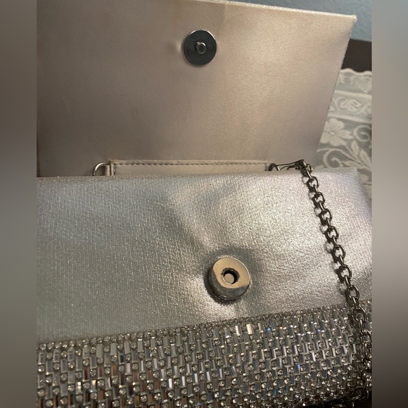 INC silver rhinestone snap clutch with silver crossbody chain - Picture 5 of 5